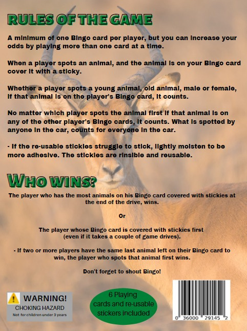 Spot the Animal Bingo cards featuring safari animals in the Kruger National Park - Rules of the game